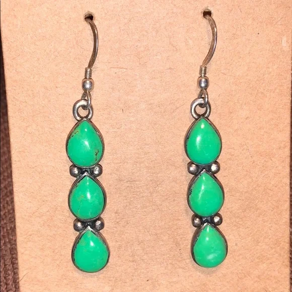 Sterling green turquoise 3 teardrops dangling - Picture 2 of 10